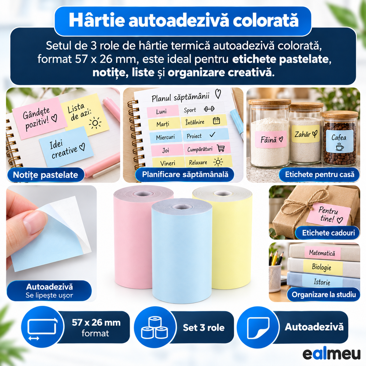 Role termice autoadezive colorate EALMEU 57 x 26 mm pentru notițe, planificare săptămânală, etichete pentru casă și cadouri