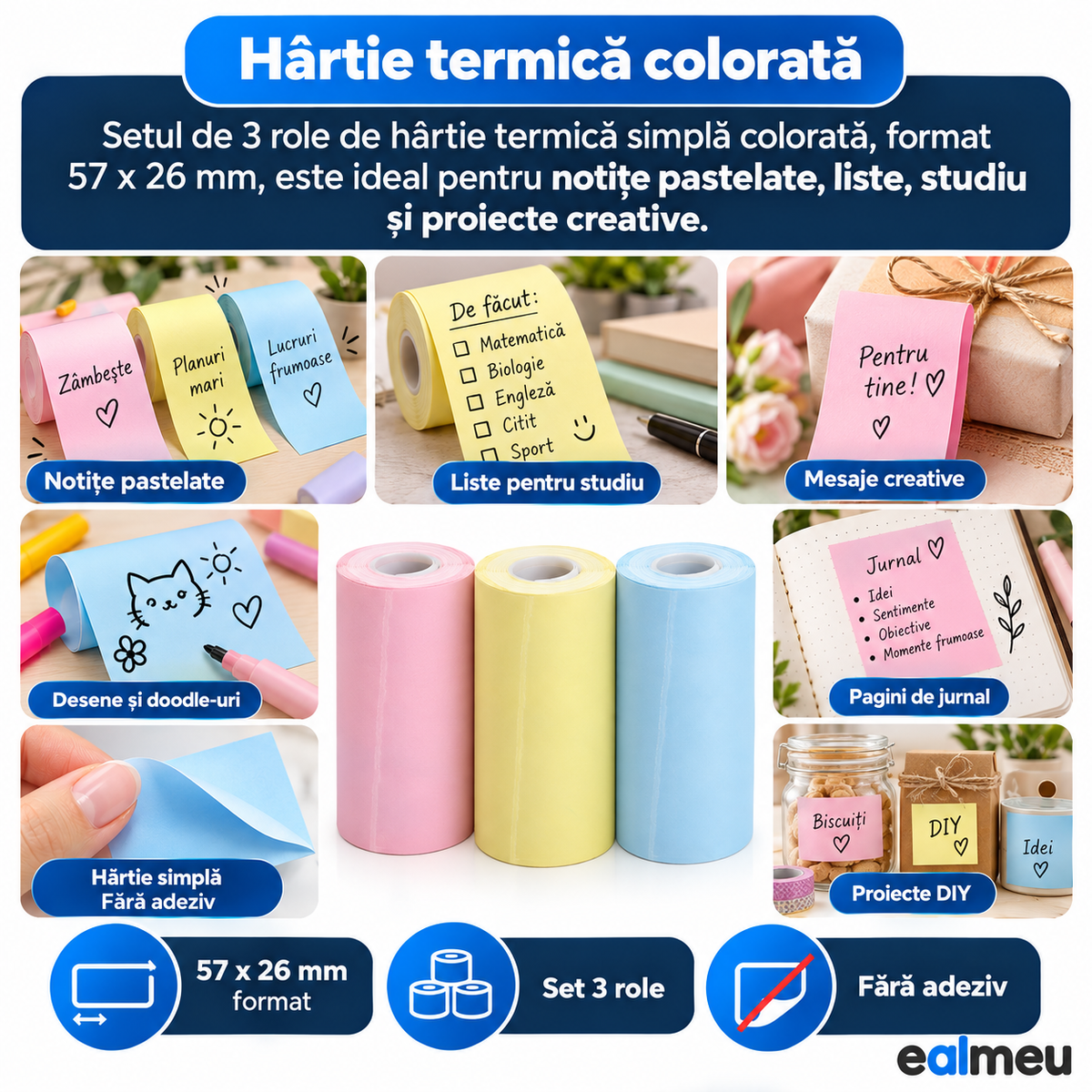 Role termice simple colorate EALMEU 57 x 26 mm, fără adeziv, pentru notițe, liste de studiu, doodle-uri, jurnal și DIY