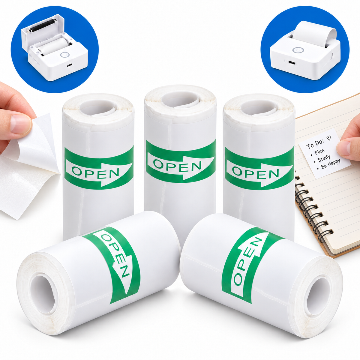 Set 5 role hârtie termică autoadezivă albă EALMEU 57 x 26 mm, cu etichetă to-do lipită pe caiet