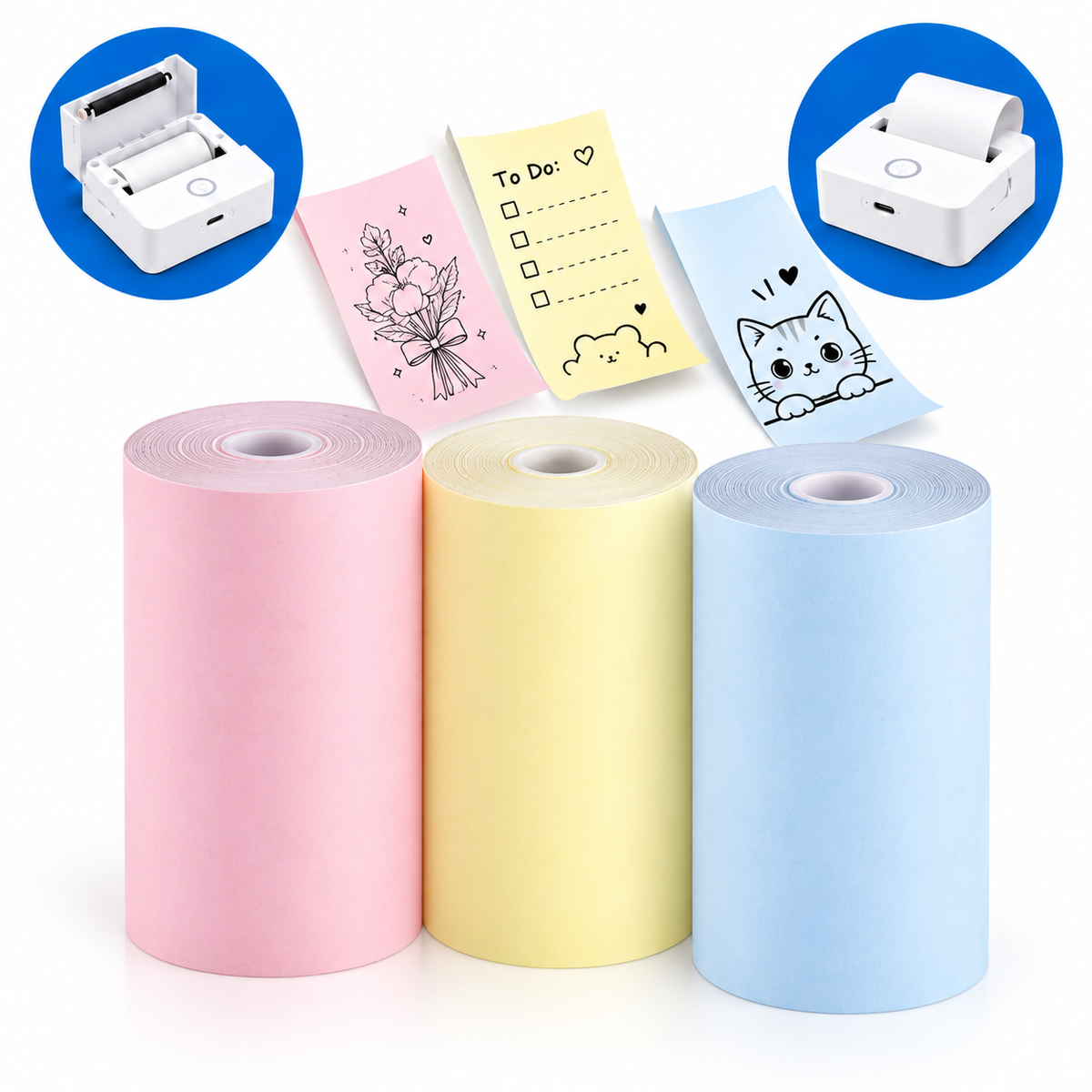 Set 3 role hârtie termică simplă colorată EALMEU 57 x 26 mm, roz, galben și albastru, cu desene și liste imprimate