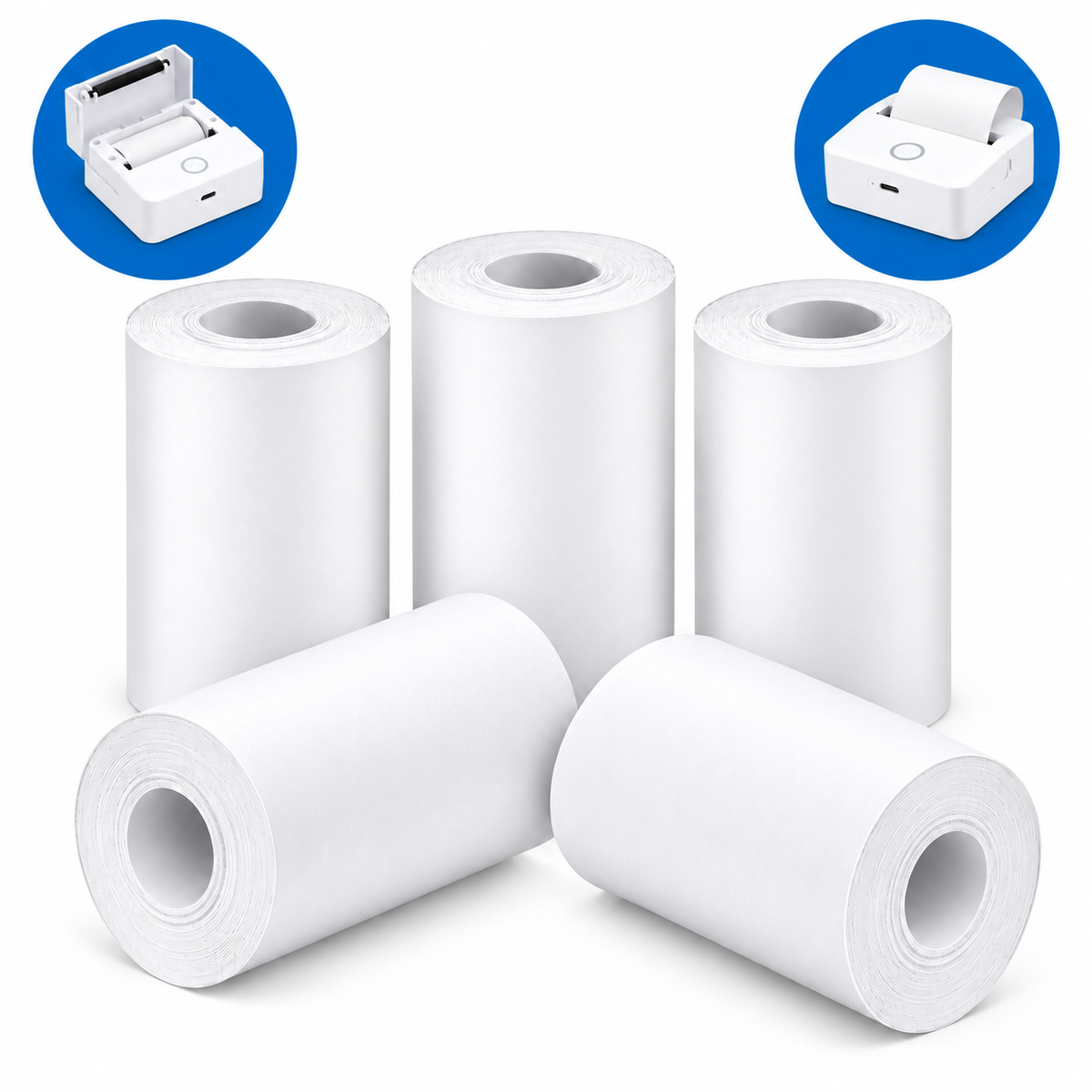 Set 5 role hârtie termică simplă albă EALMEU 57 x 26 mm, pentru mini imprimante portabile