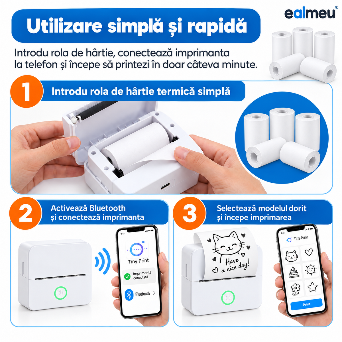 Cum se folosește hârtia termică albă EALMEU: introdu rola, conectează imprimanta prin Bluetooth și alege modelul din aplicație