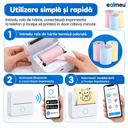 Cum se folosește hârtia termică colorată EALMEU: introdu rola, conectează imprimanta prin Bluetooth și alege modelul din aplicație
