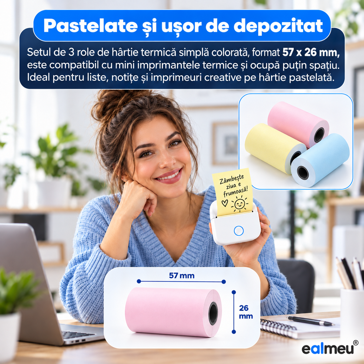 Femeie cu mini imprimantă termică EALMEU și notiță galbenă; role colorate simple de 57 mm lățime și 26 mm diametru