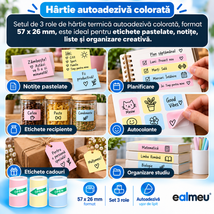 Utilizări hârtie termică autoadezivă colorată EALMEU: notițe pastelate, planificare, etichete recipiente, autocolante, cadouri, studiu