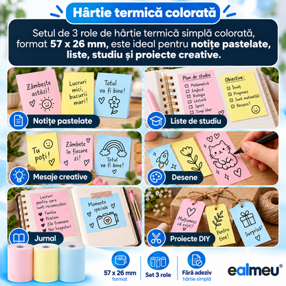 Utilizări hârtie termică colorată EALMEU: notițe pastelate, liste de studiu, mesaje creative, desene, jurnal și proiecte DIY