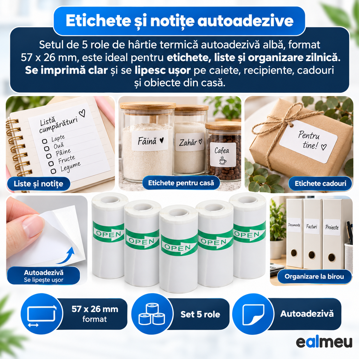 Etichete și notițe autoadezive EALMEU 57 x 26 mm pe caiete, borcane, cadouri și bibliorafturi