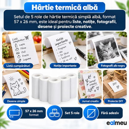 Role termice albe simple EALMEU 57 x 26 mm, fără adeziv, pentru liste, notițe, fotografii alb-negru și desene