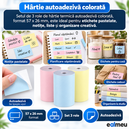 Role termice autoadezive colorate EALMEU 57 x 26 mm pentru notițe, planificare săptămânală, etichete pentru casă și cadouri