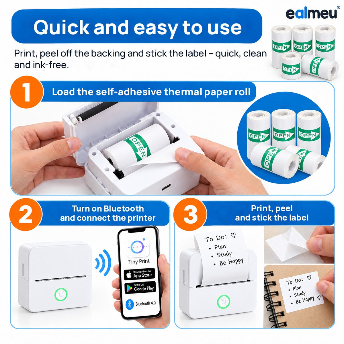 How to use EALMEU self-adhesive thermal paper: load the roll, connect the printer, print, peel and stick the label