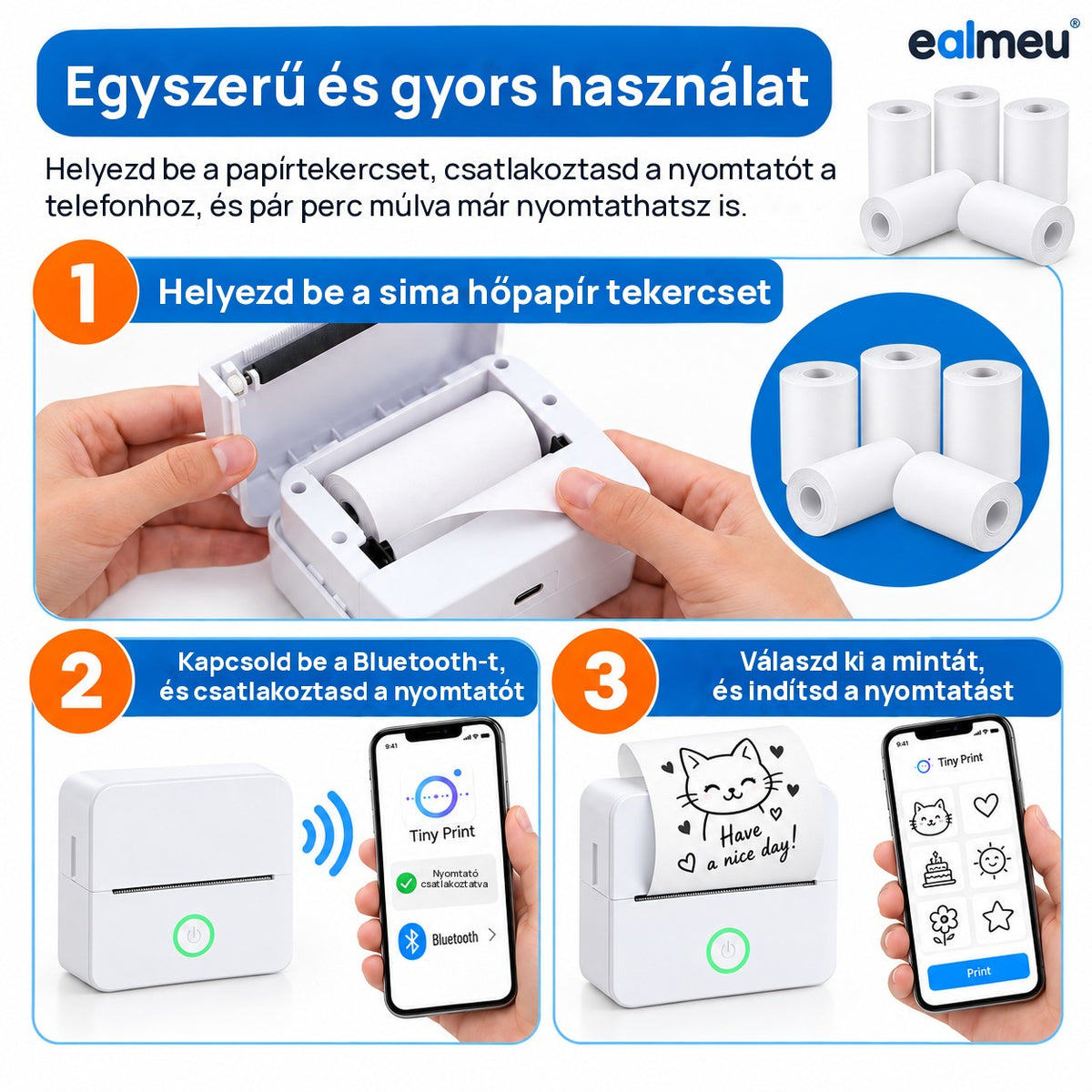 Az EALMEU fehér hőpapír használata: tekercs behelyezése, Bluetooth-csatlakozás és minta kiválasztása az alkalmazásban