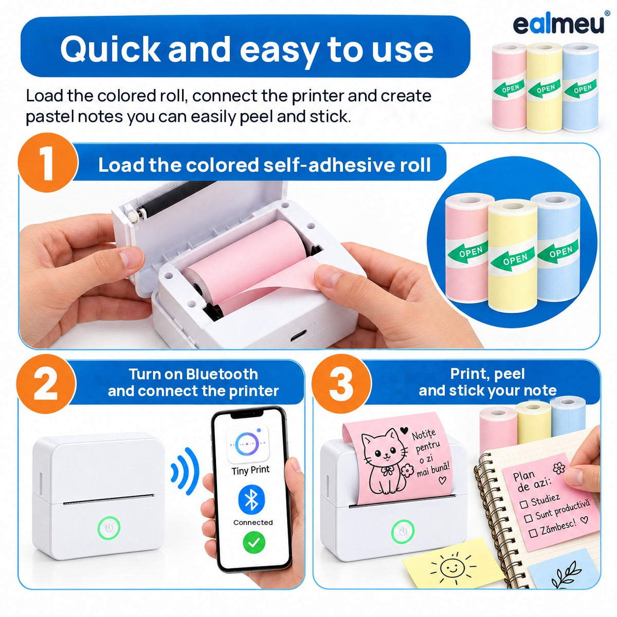 How to use EALMEU colored self-adhesive thermal paper: load the roll, connect the printer via Bluetooth, print and stick