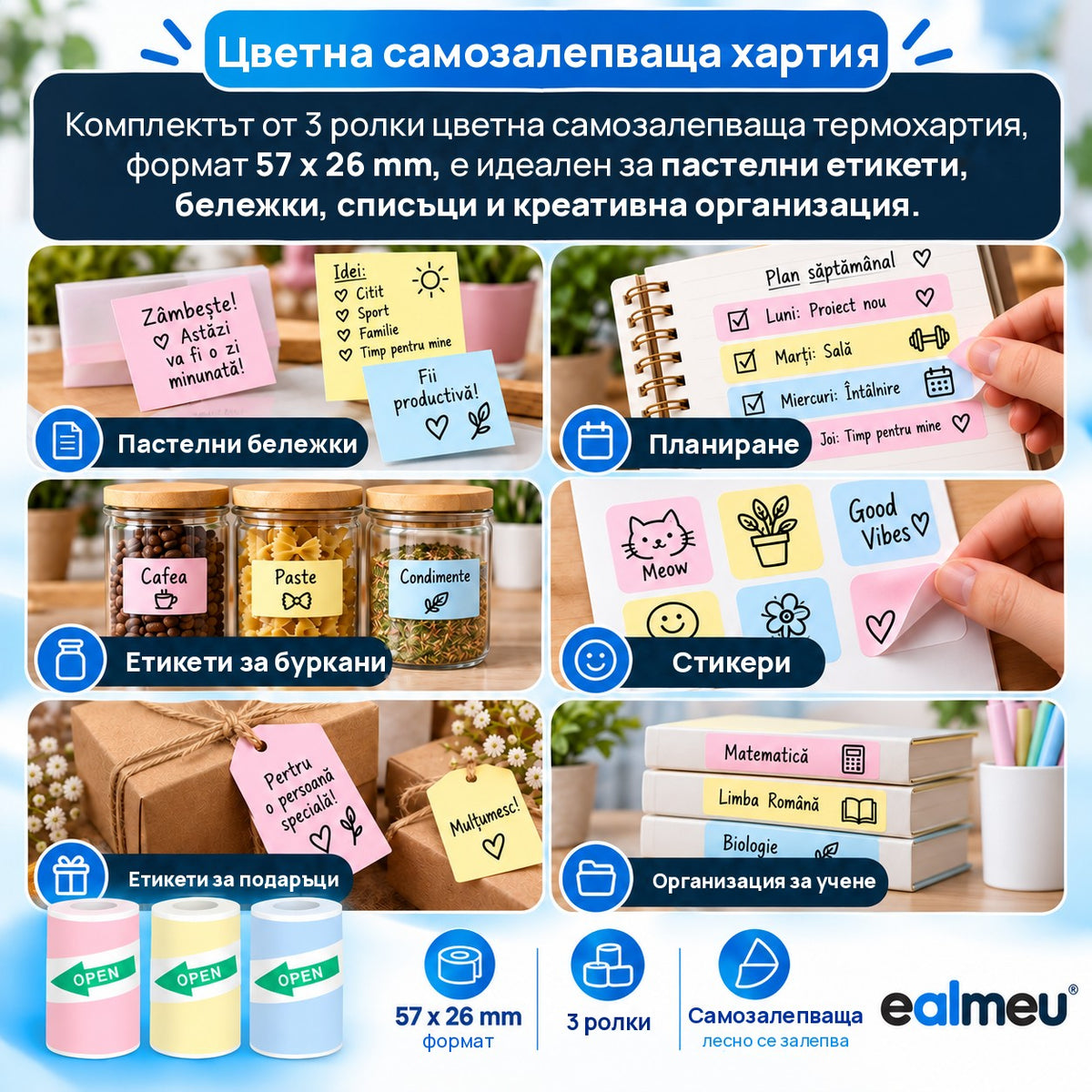 Приложения на цветната самозалепваща термохартия EALMEU: пастелни бележки, планиране, етикети за буркани, стикери, подаръци, учене