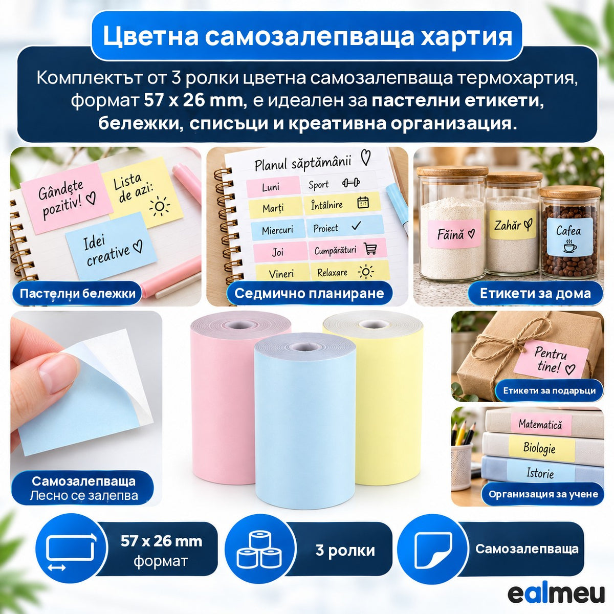 Цветни самозалепващи терморолки EALMEU 57 x 26 мм за бележки, седмично планиране, етикети за дома и за подаръци