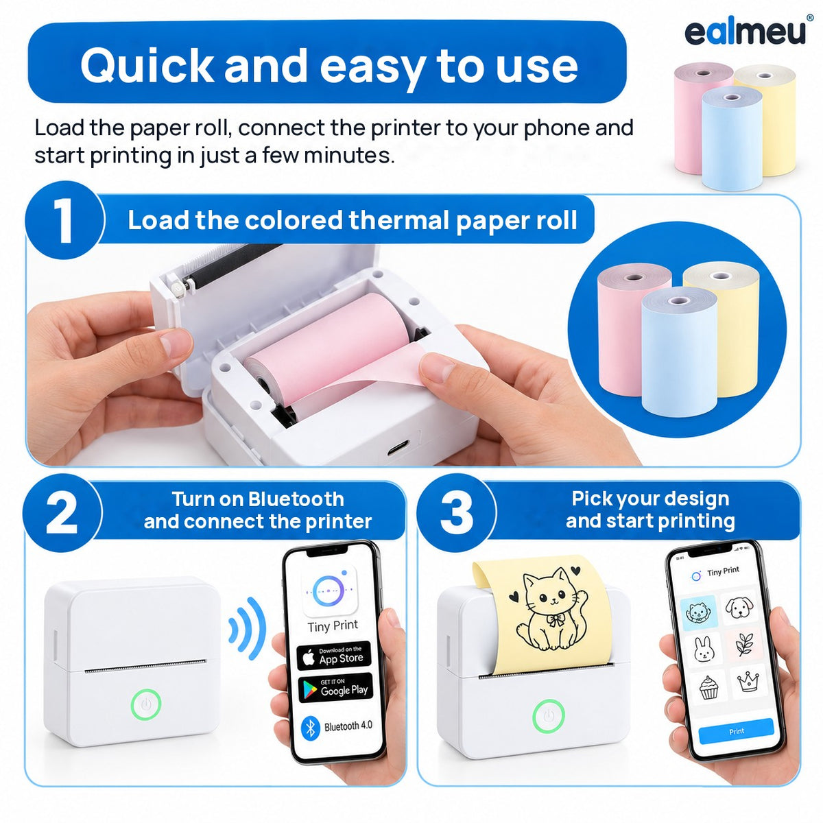How to use EALMEU colored thermal paper: load the roll, connect the printer via Bluetooth and pick a design in the app