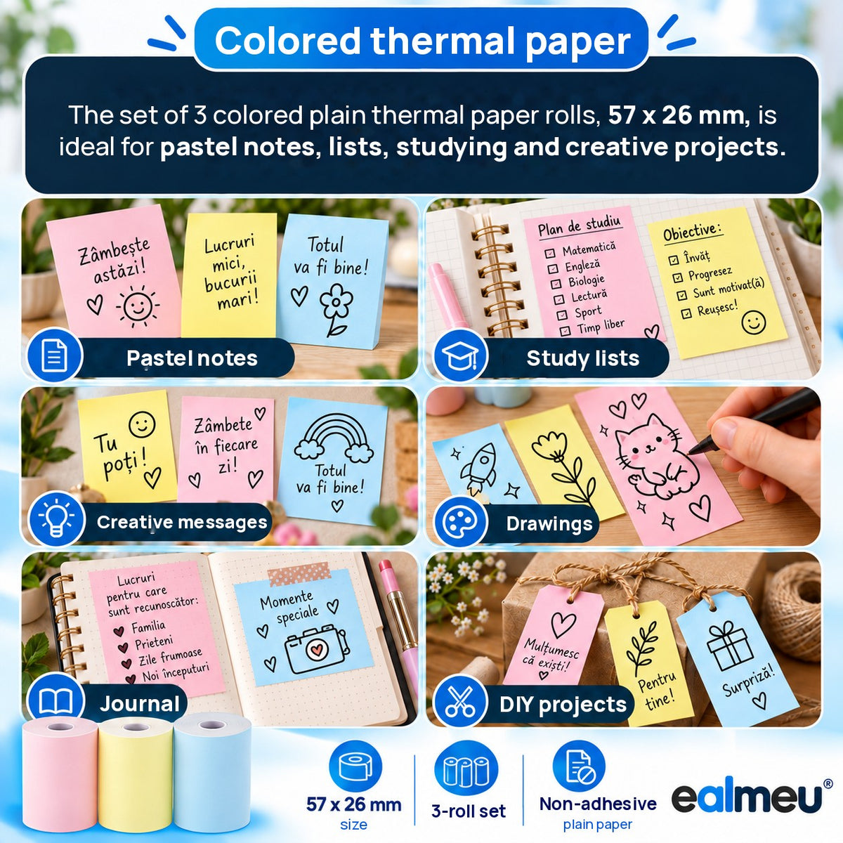 Uses for EALMEU colored thermal paper: pastel notes, study lists, creative messages, drawings, journaling and DIY