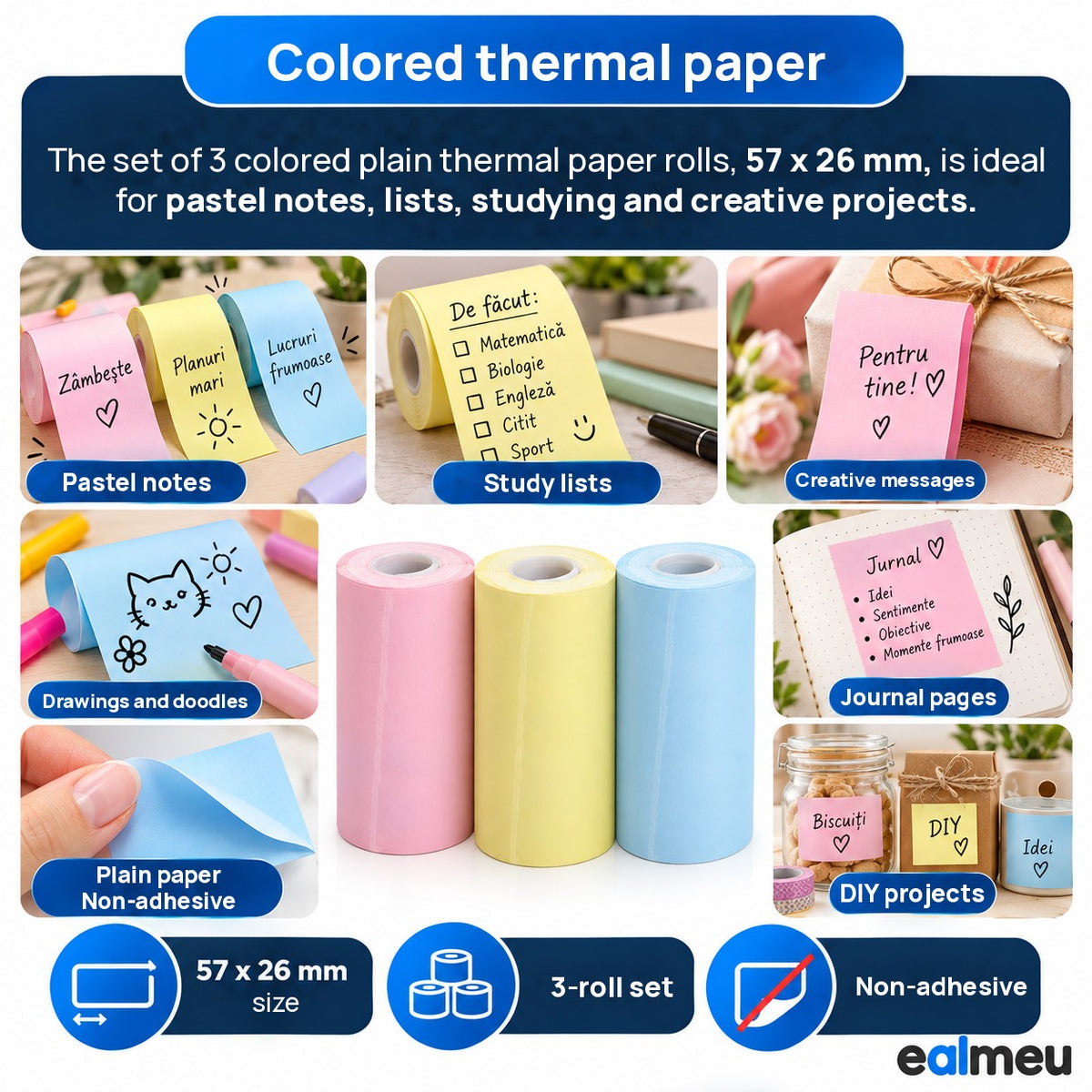 EALMEU colored plain thermal rolls, 57 x 26 mm, non-adhesive, for notes, study lists, doodles, journaling and DIY