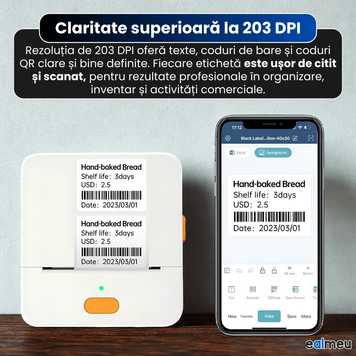 Mini imprimantă de etichete termică portabilă MX2-P1S EALMEU, albă
