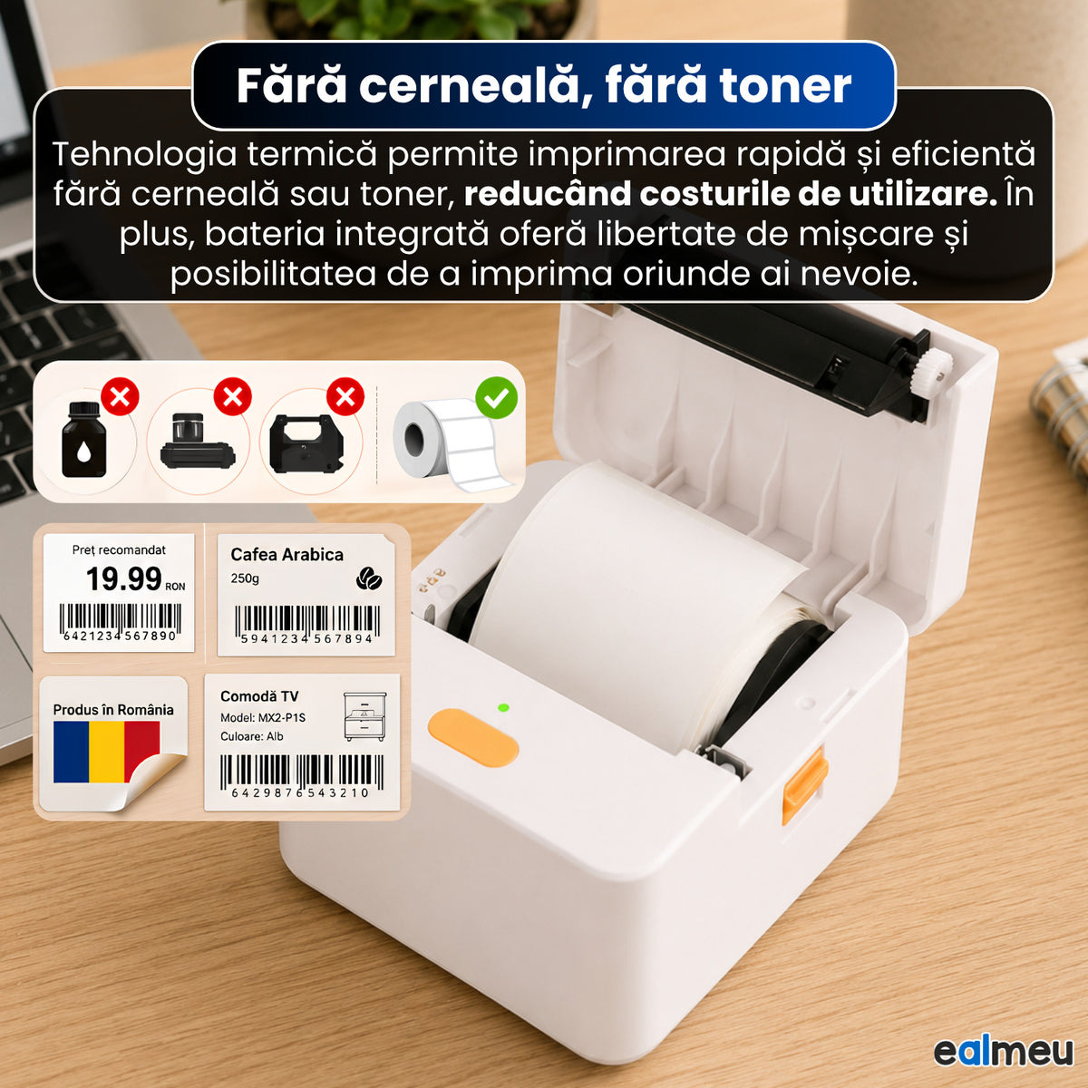 Mini imprimantă de etichete termică portabilă MX2-P1S EALMEU, albă